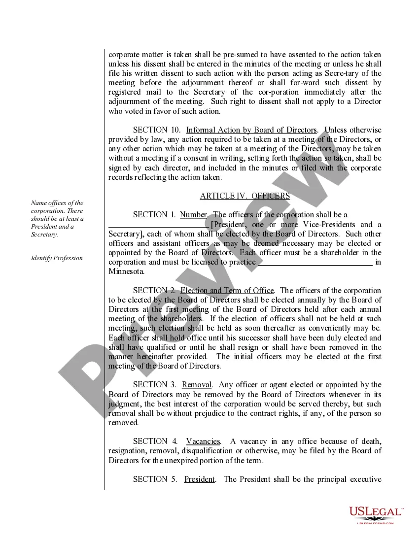 Preview Sample Bylaws for a Minnesota Professional Corporation
