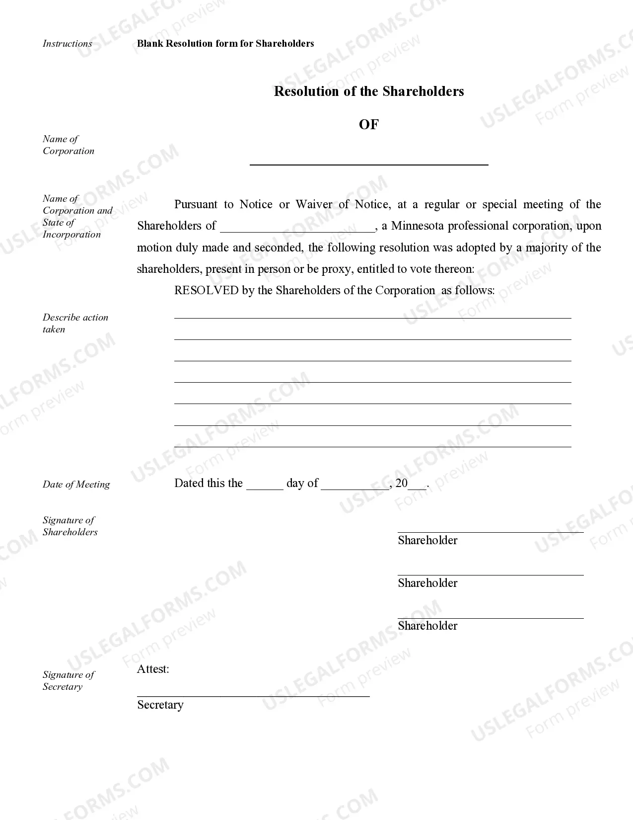 Preview Annual Minutes for a Minnesota Professional Corporation