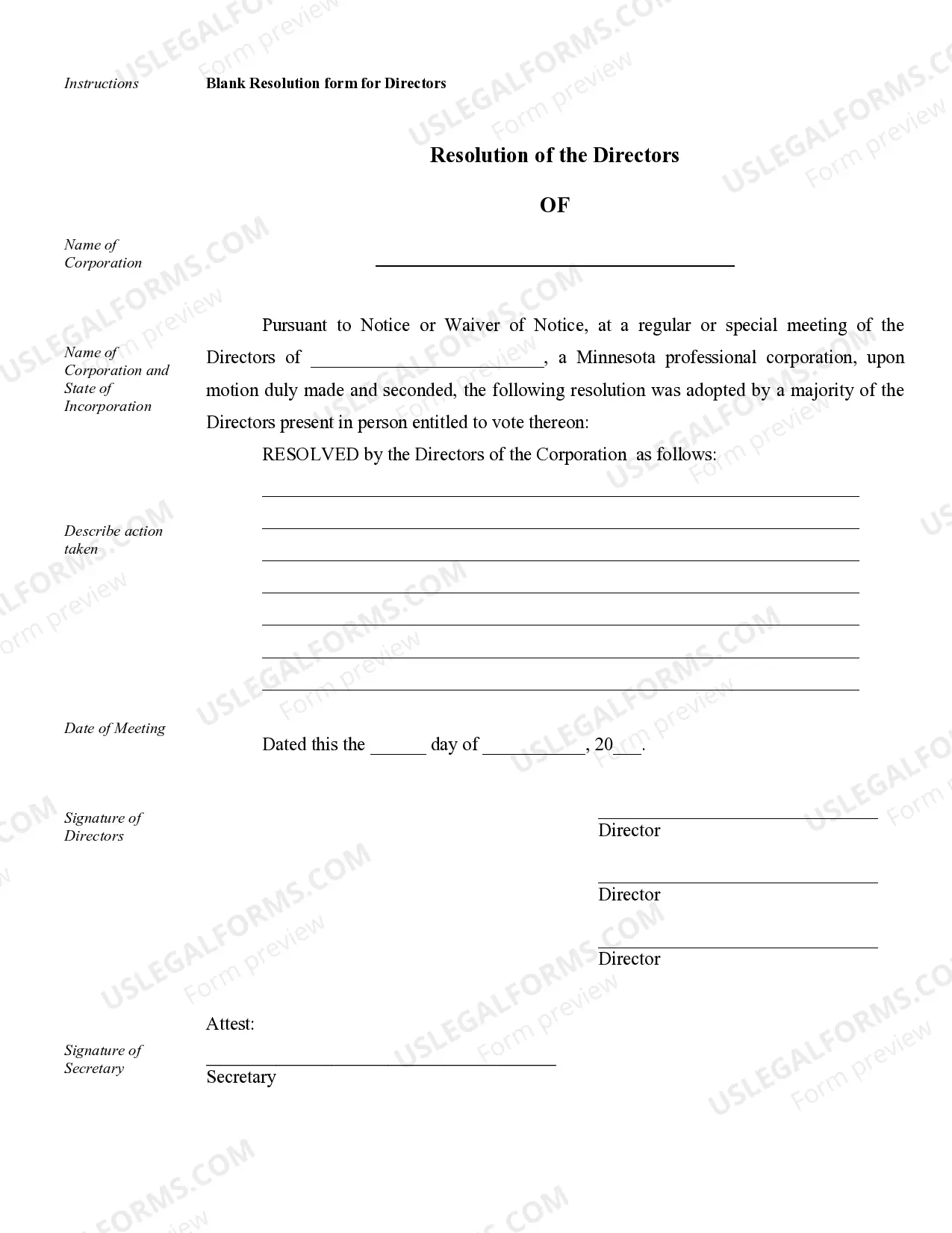 Preview Annual Minutes for a Minnesota Professional Corporation