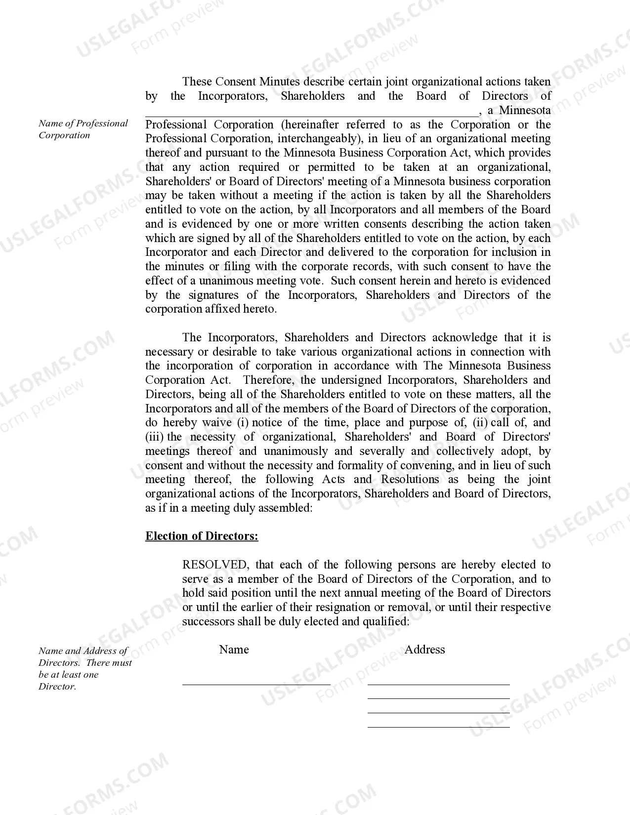 Preview Organizational Minutes for a Minnesota Professional Corporation