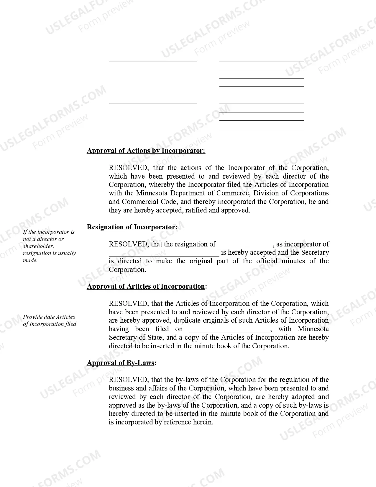 Preview Organizational Minutes for a Minnesota Professional Corporation