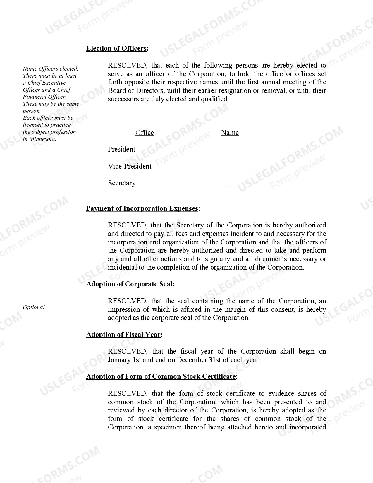 Preview Organizational Minutes for a Minnesota Professional Corporation