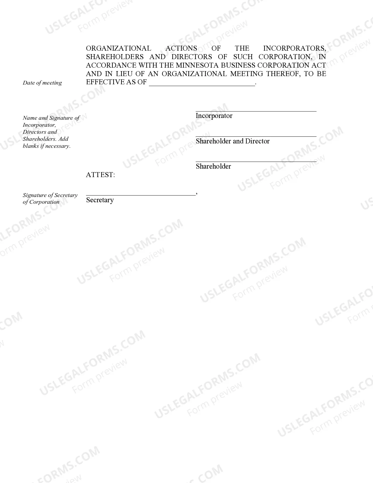 Preview Organizational Minutes for a Minnesota Professional Corporation
