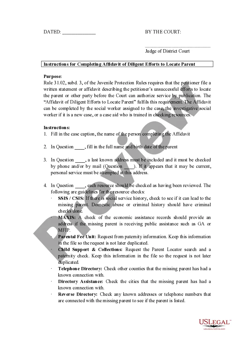 Preview Affidavit of Diligent Efforts to Locate Parent and Order for Service by Publication