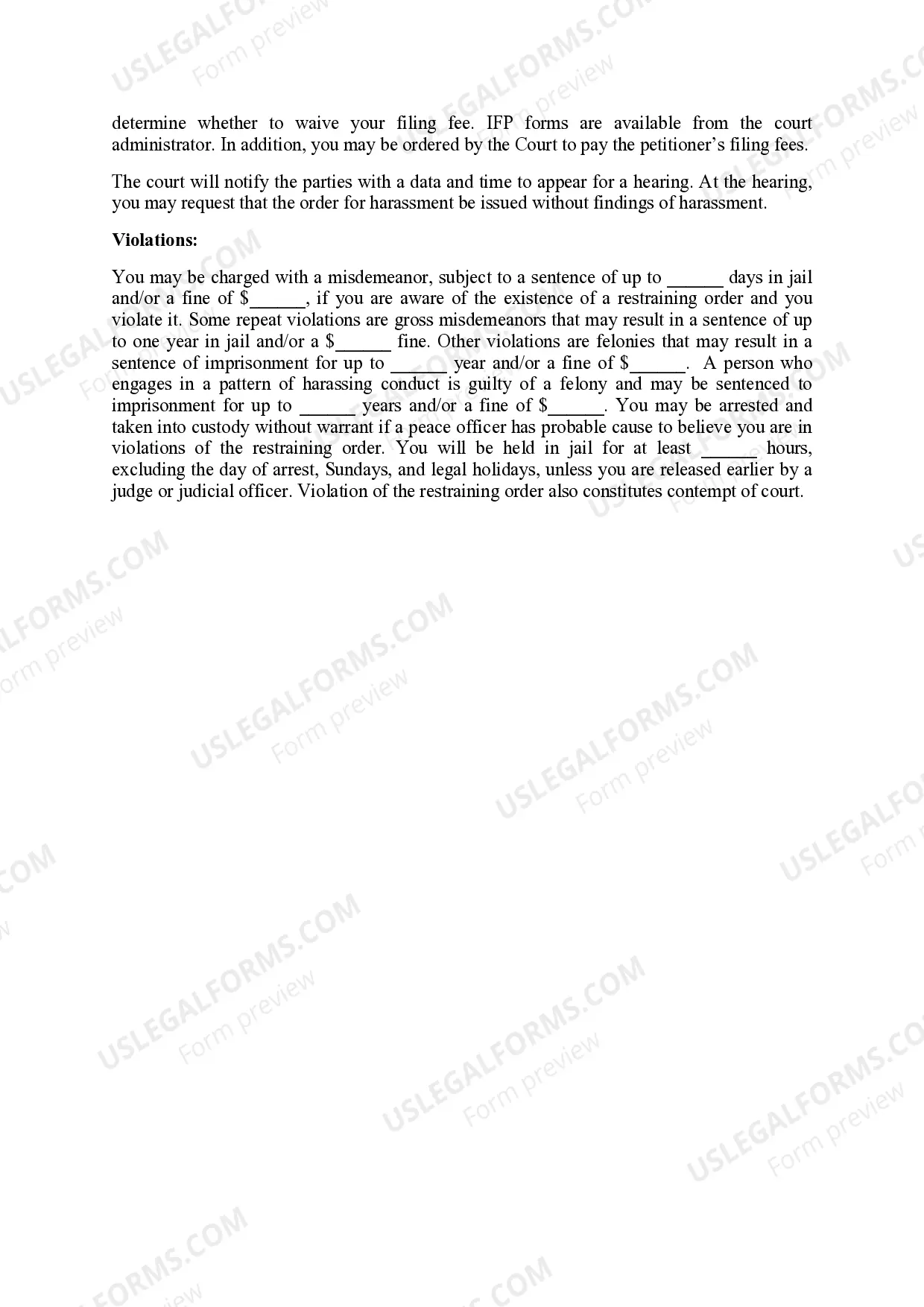 Preview Important Notice to Respondent Regarding Restraining Order