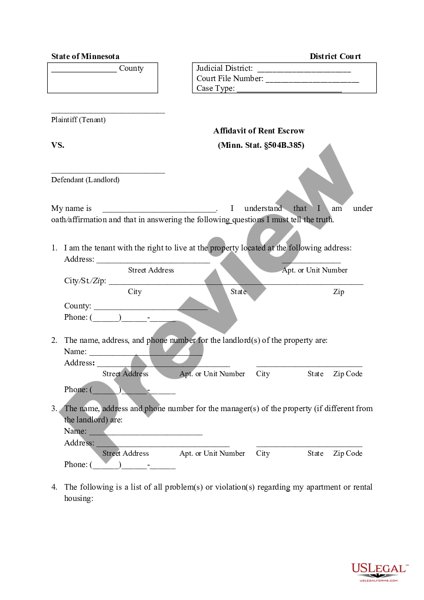 Minnesota Affidavit or Rent Escrow - Rent Escrow Mn | US Legal Forms