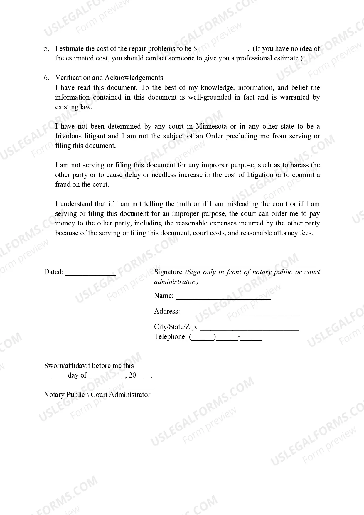 Preview Affidavit or Rent Escrow