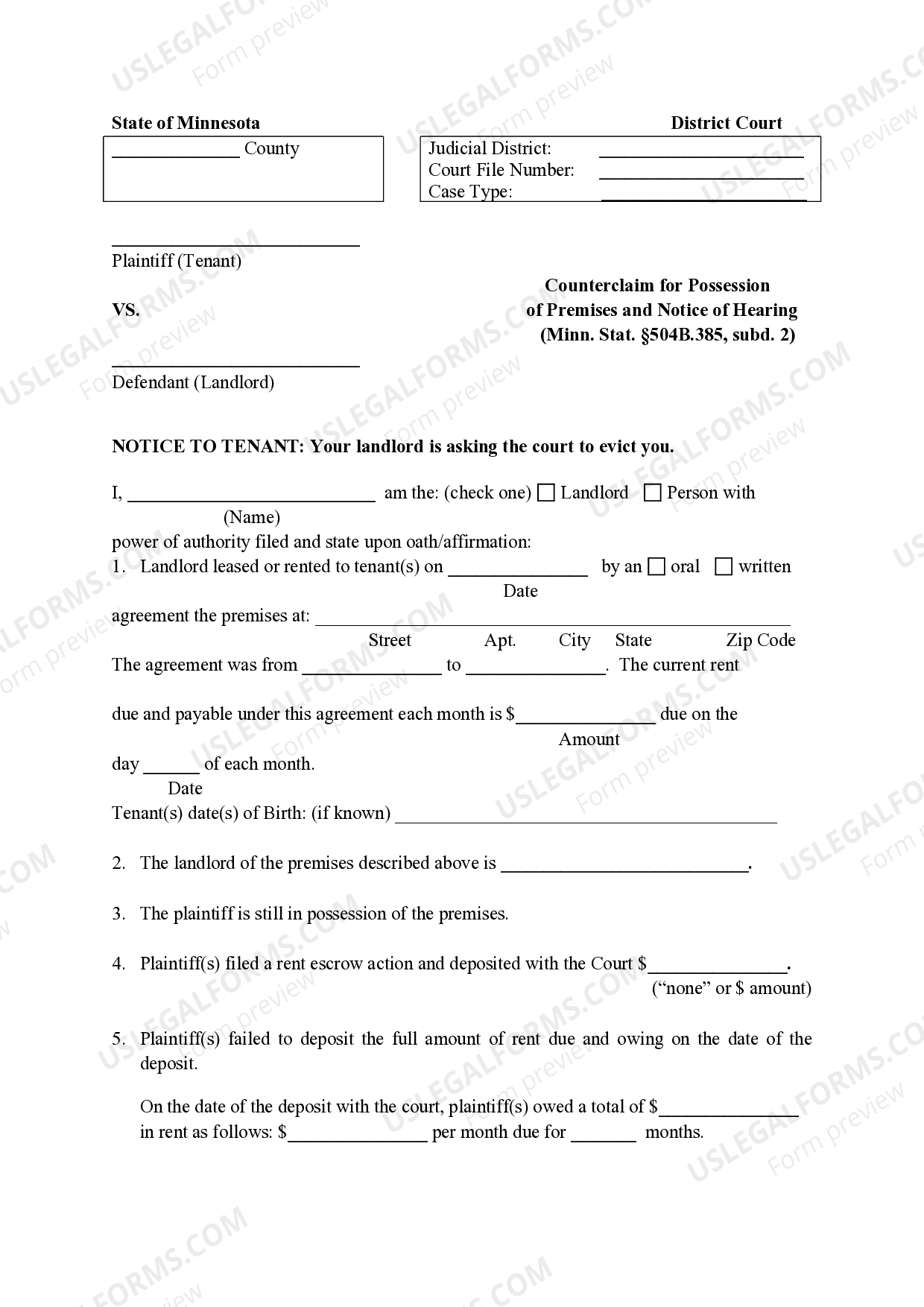 Hennepin Minnesota Counterclaim for Possession of Premises and Notice