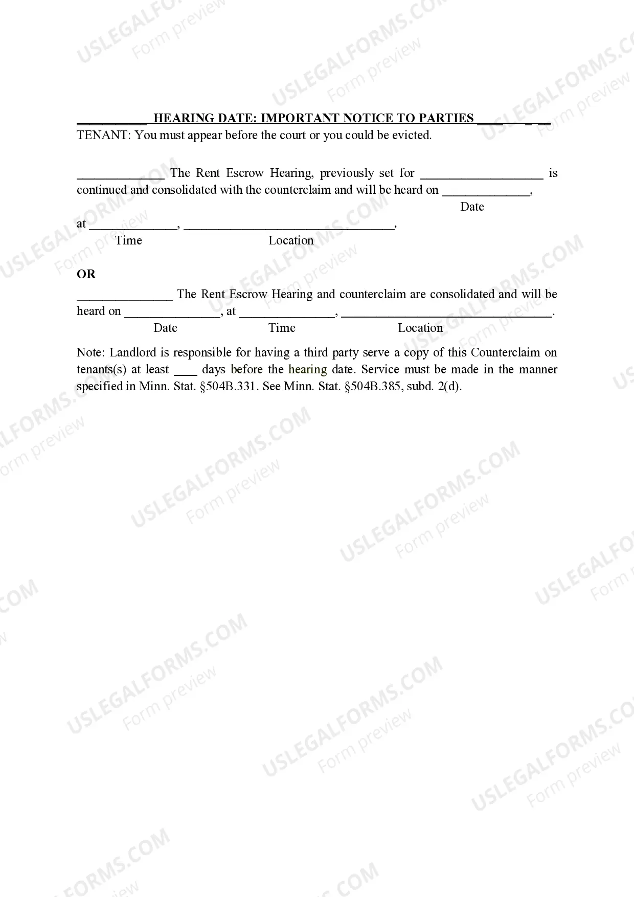 Preview Counterclaim for Possession of Premises and Notice of Hearings