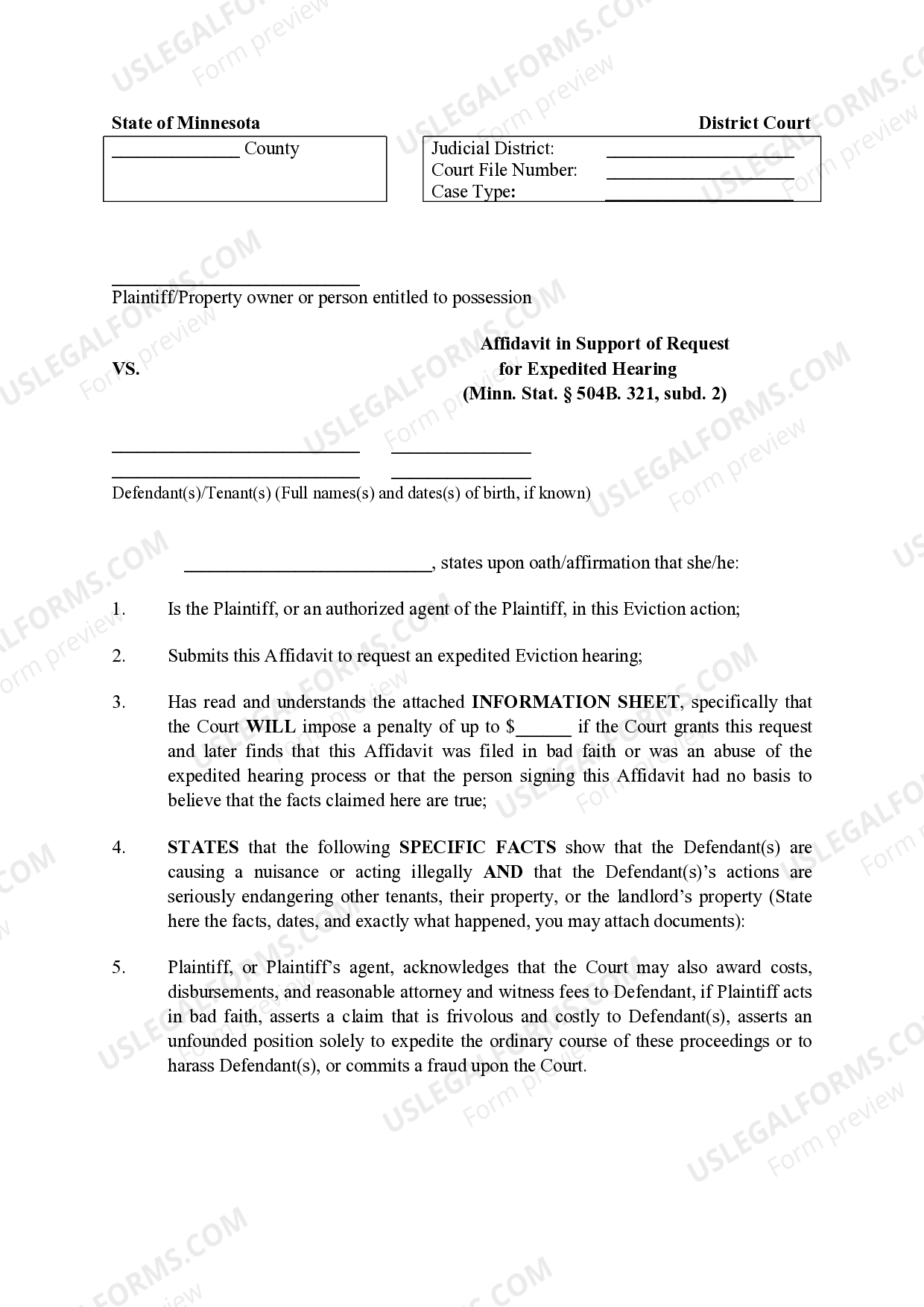 Minnesota Affidavit in Support of Request for Expedited Hearing US