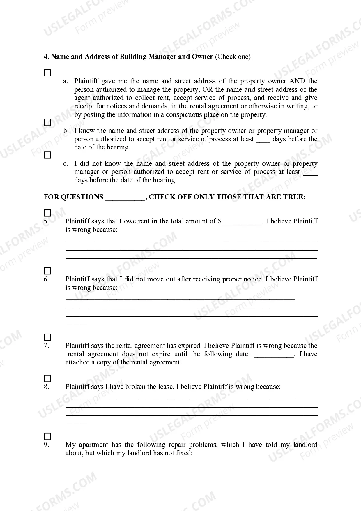 Preview Eviction Action Answer