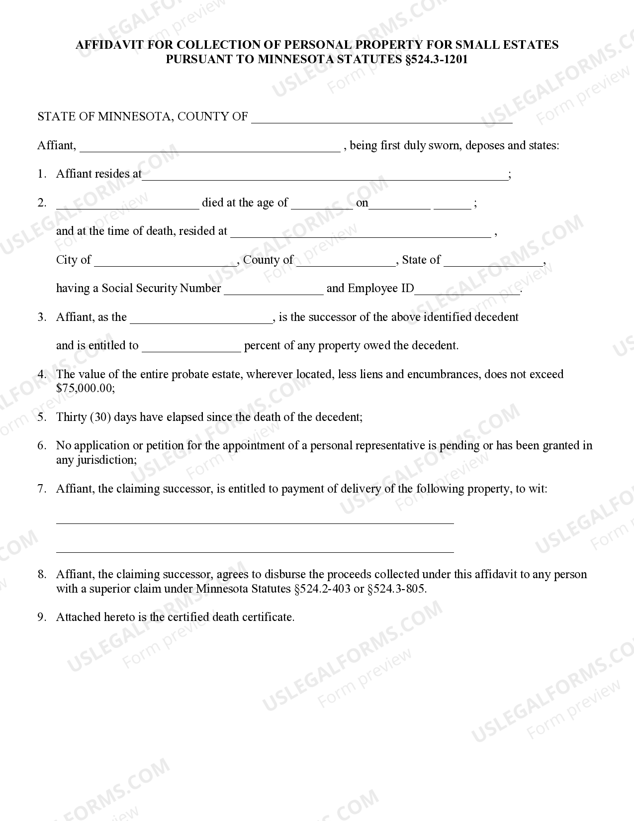 Minnesota Affidavit for Collection of Personal Property for Small Estates Mn For Document US
