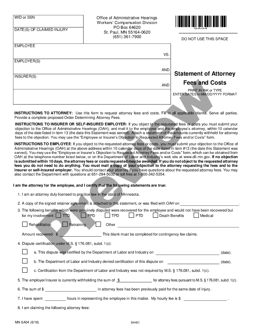 Minneapolis Minnesota Statement of Attorney's Fees Workers