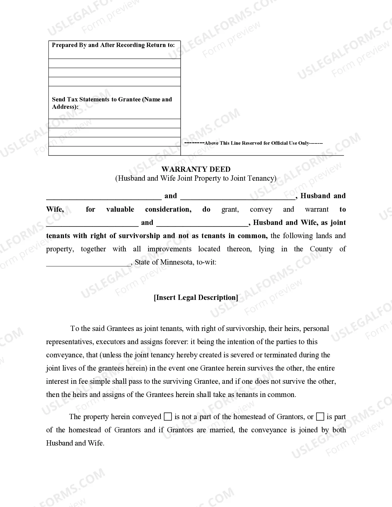 Preview Warranty Deed for Husband and Wife Converting Property from Tenants in Common to Joint Tenancy