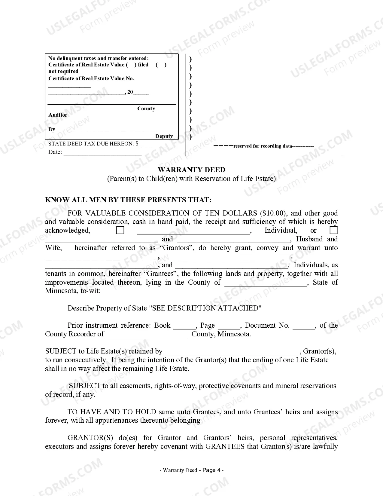 Preview Warranty Deed for Parents to Child with Reservation of Life Estate