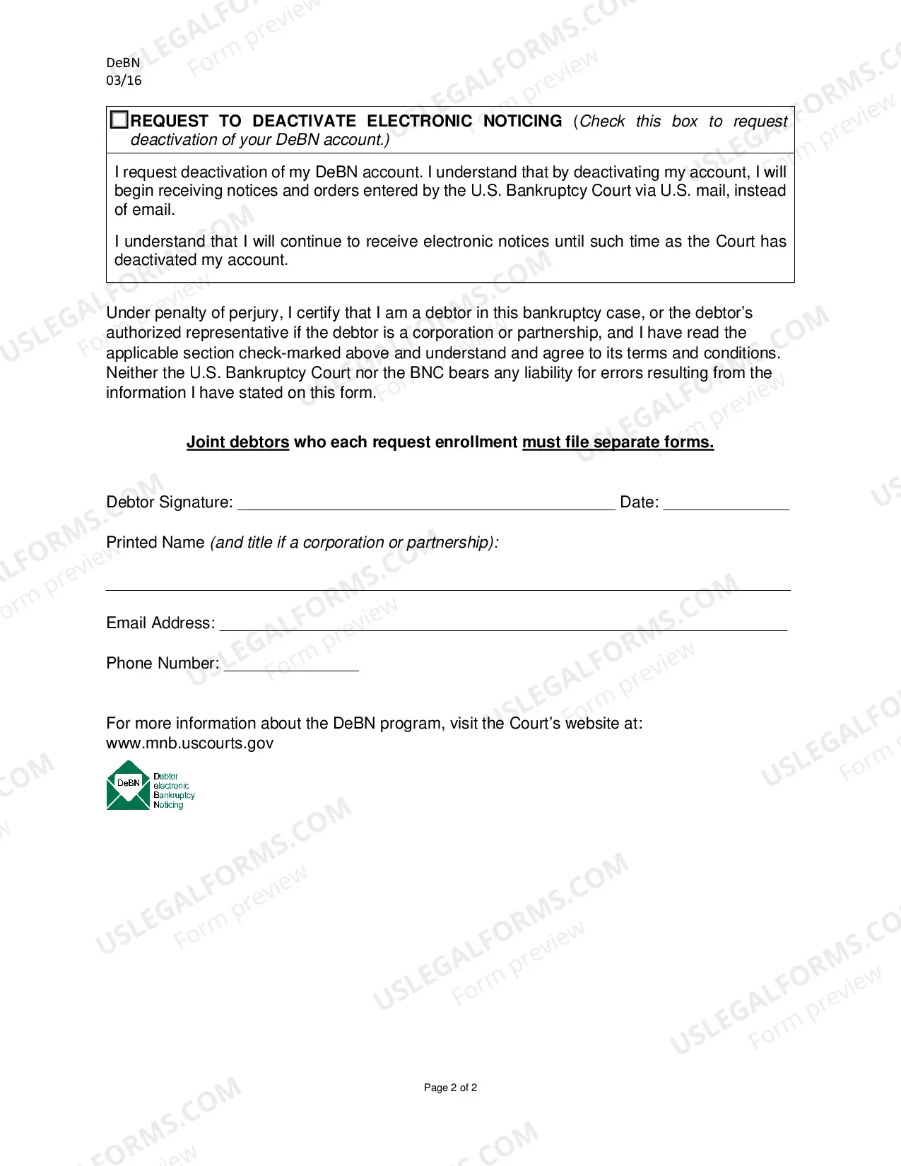 Preview Debtors Electronic Noticing Request (DeBN)