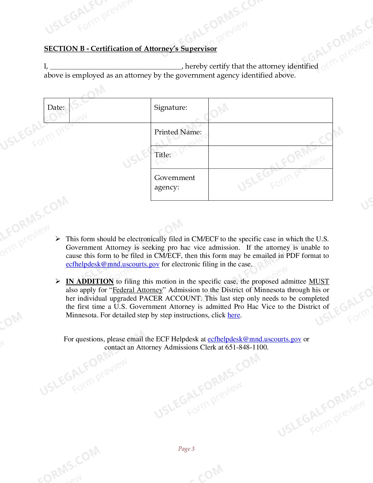 Preview Motion For Admission Pro Hac Vice For US Government Attorney Use Only