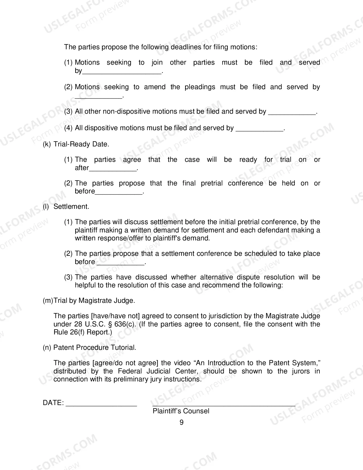 Preview Rule 26(f) Report and Proposed Scheduling Order (Patent Cases)