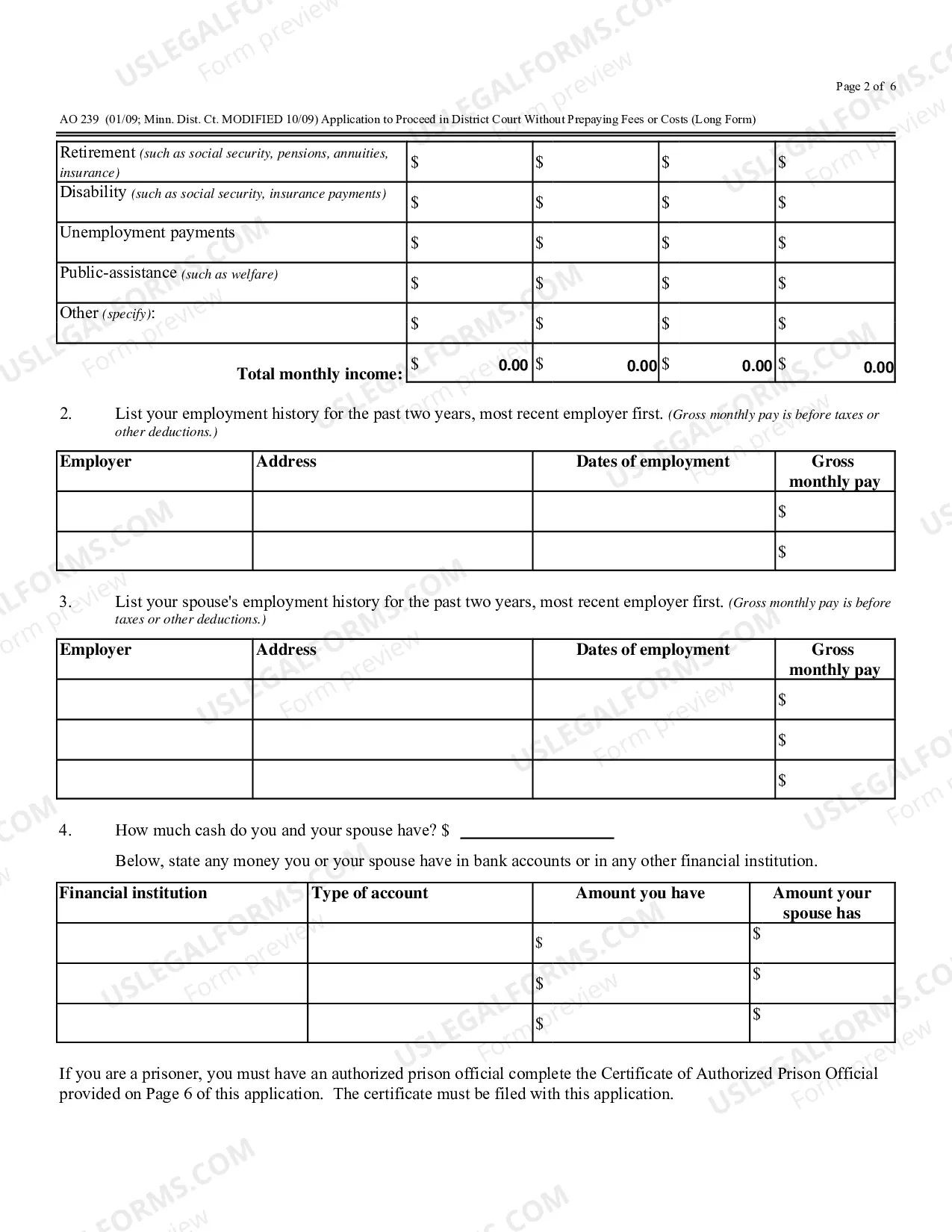 Preview (AO 239) Application to Proceed in District Court Without Prepaying Fees or Costs