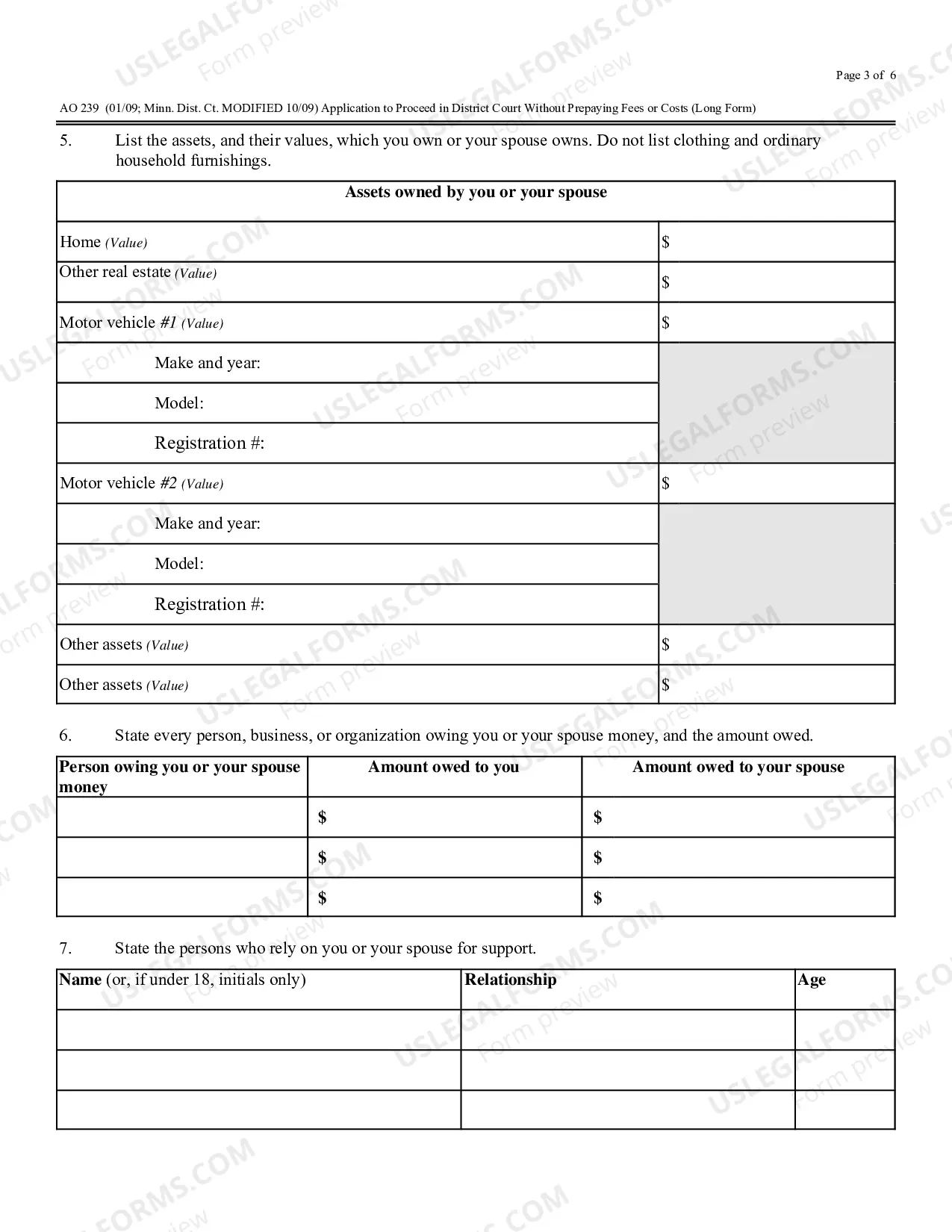 Preview (AO 239) Application to Proceed in District Court Without Prepaying Fees or Costs