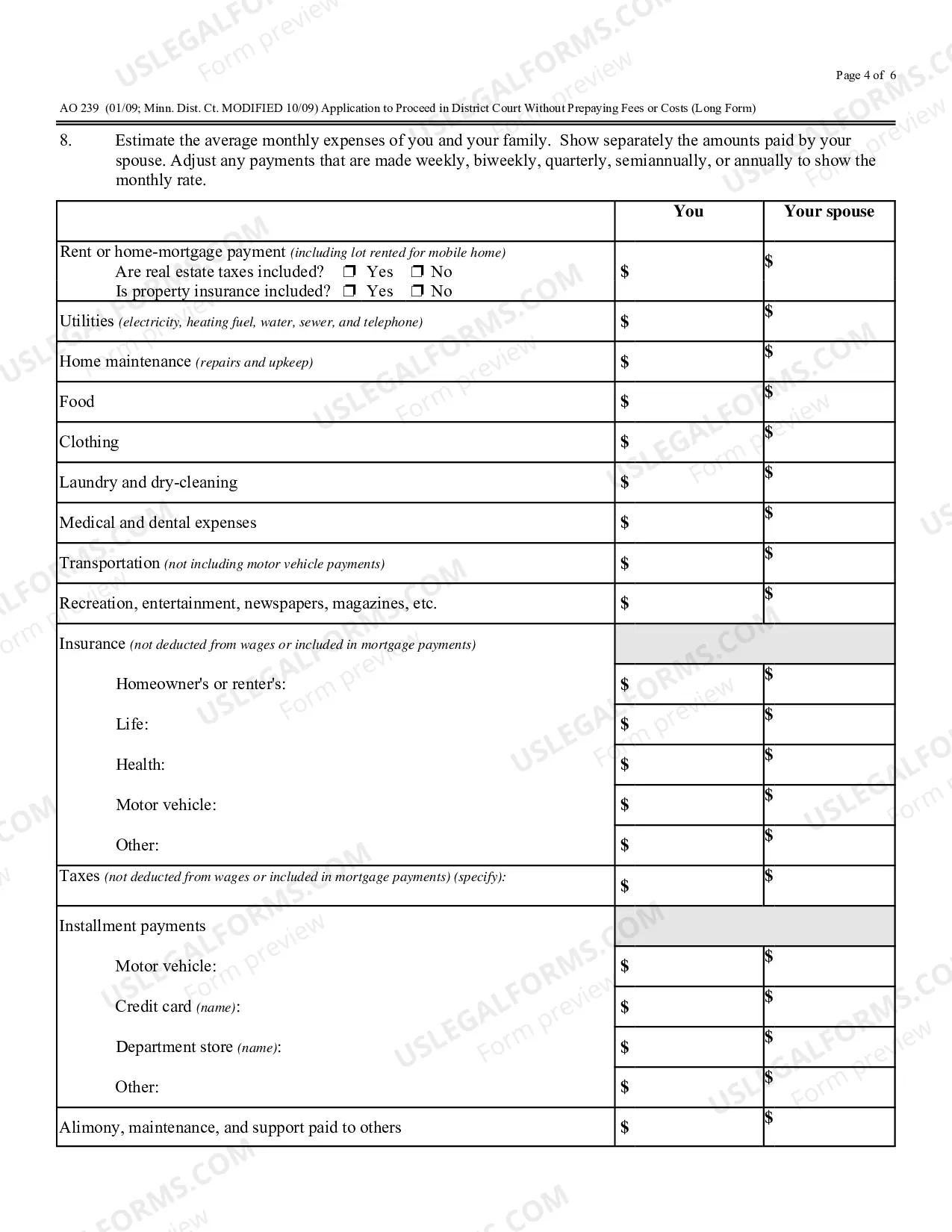 Preview (AO 239) Application to Proceed in District Court Without Prepaying Fees or Costs
