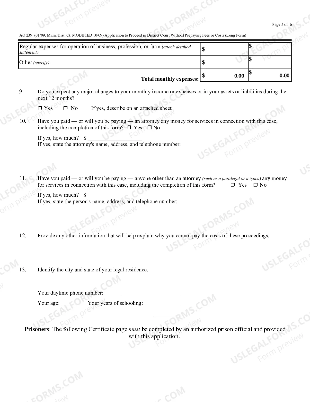 Preview (AO 239) Application to Proceed in District Court Without Prepaying Fees or Costs