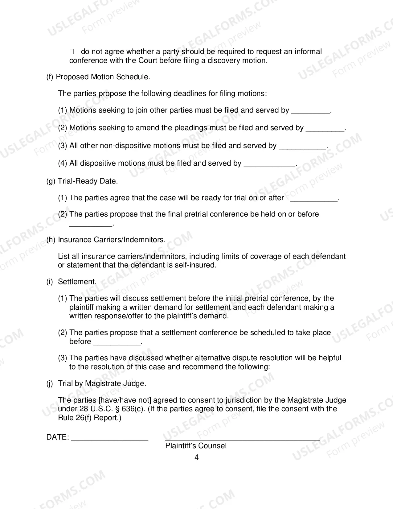 Preview Rule 26(f) Report and Proposed Scheduling Order Form (non-patent cases)