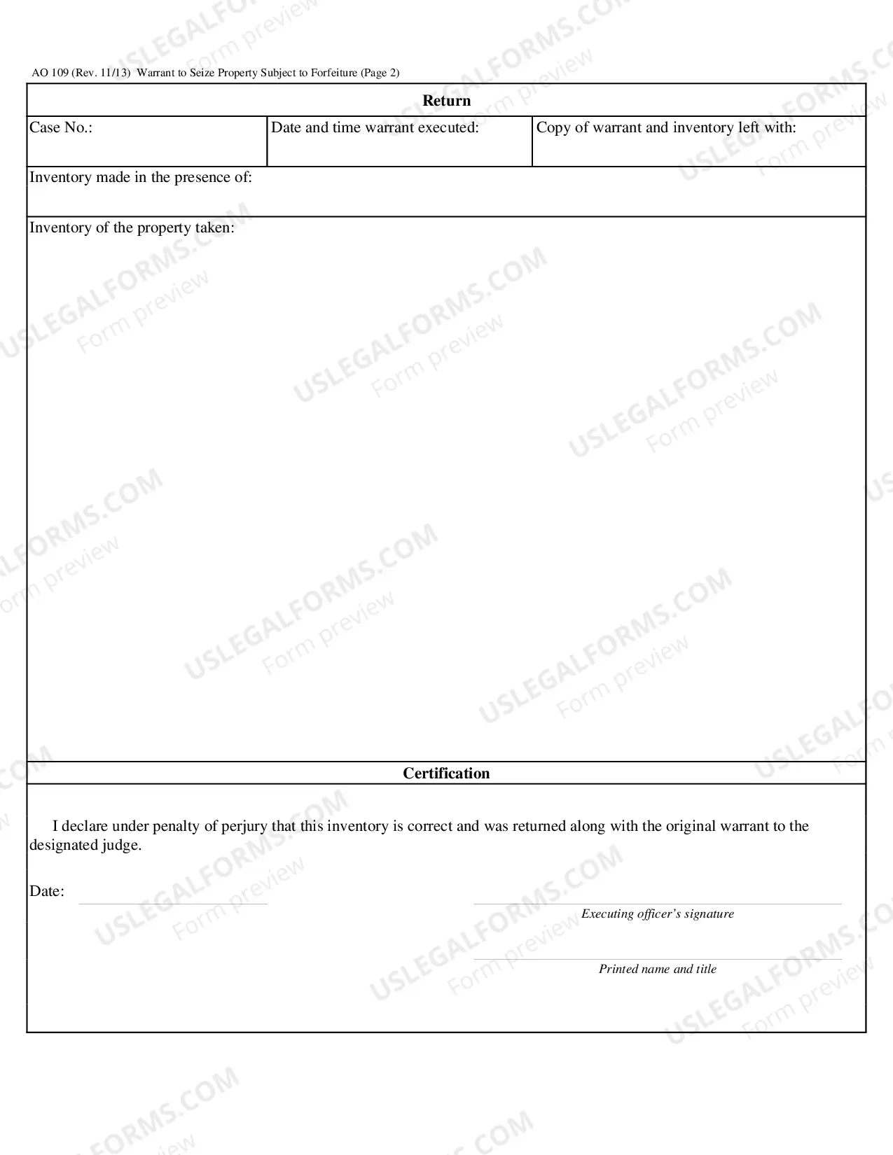 Preview (AO 109) Warrant to Seize Property Subject to Forfeiture
