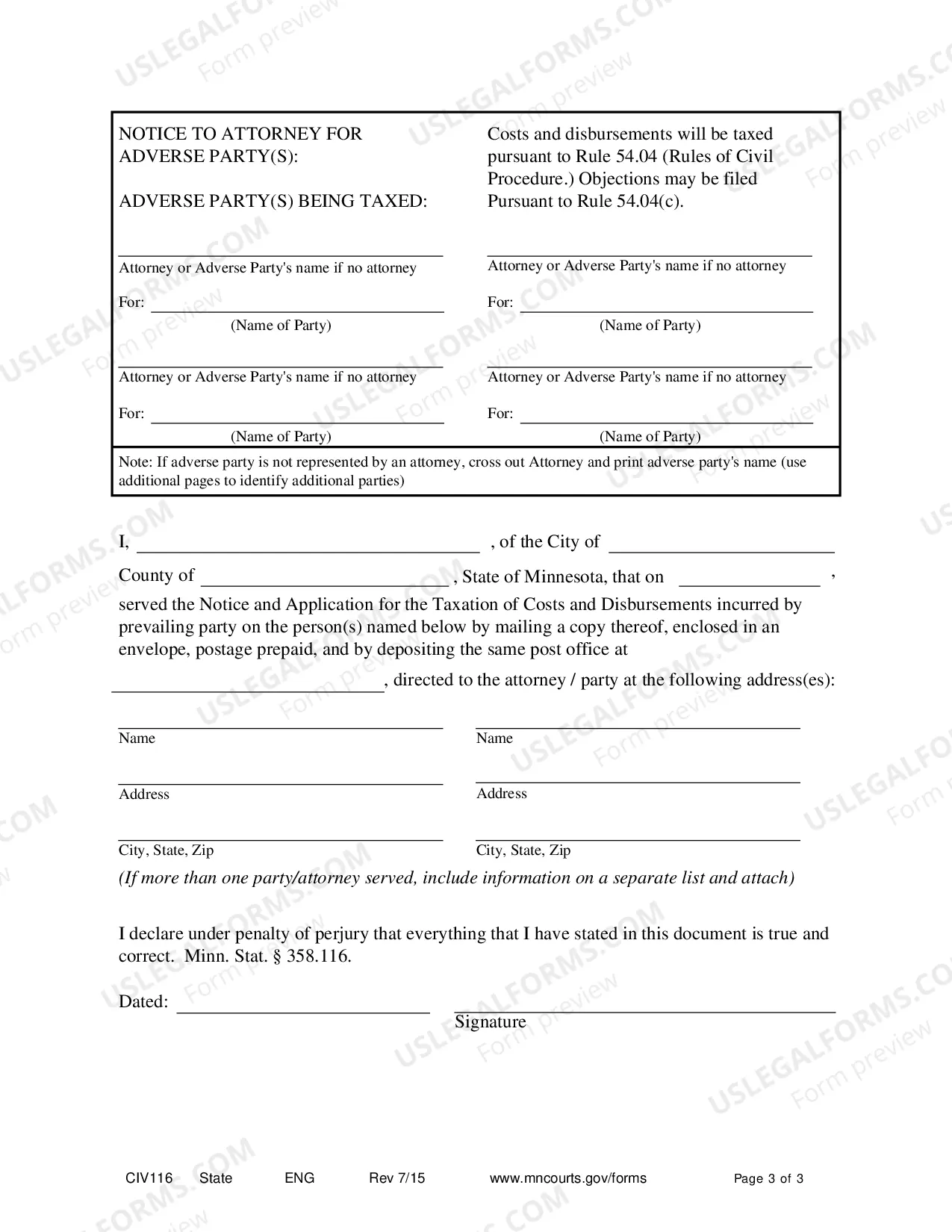 Preview Application for Costs and Disbursements