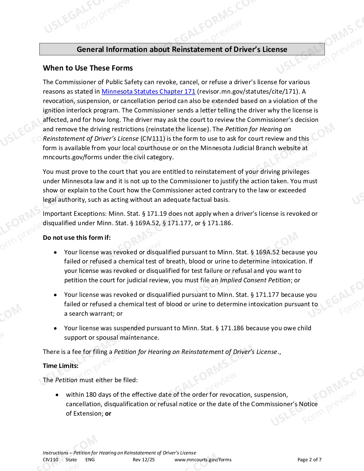 Preview Instructions for Petition to Reinstate Driver's License