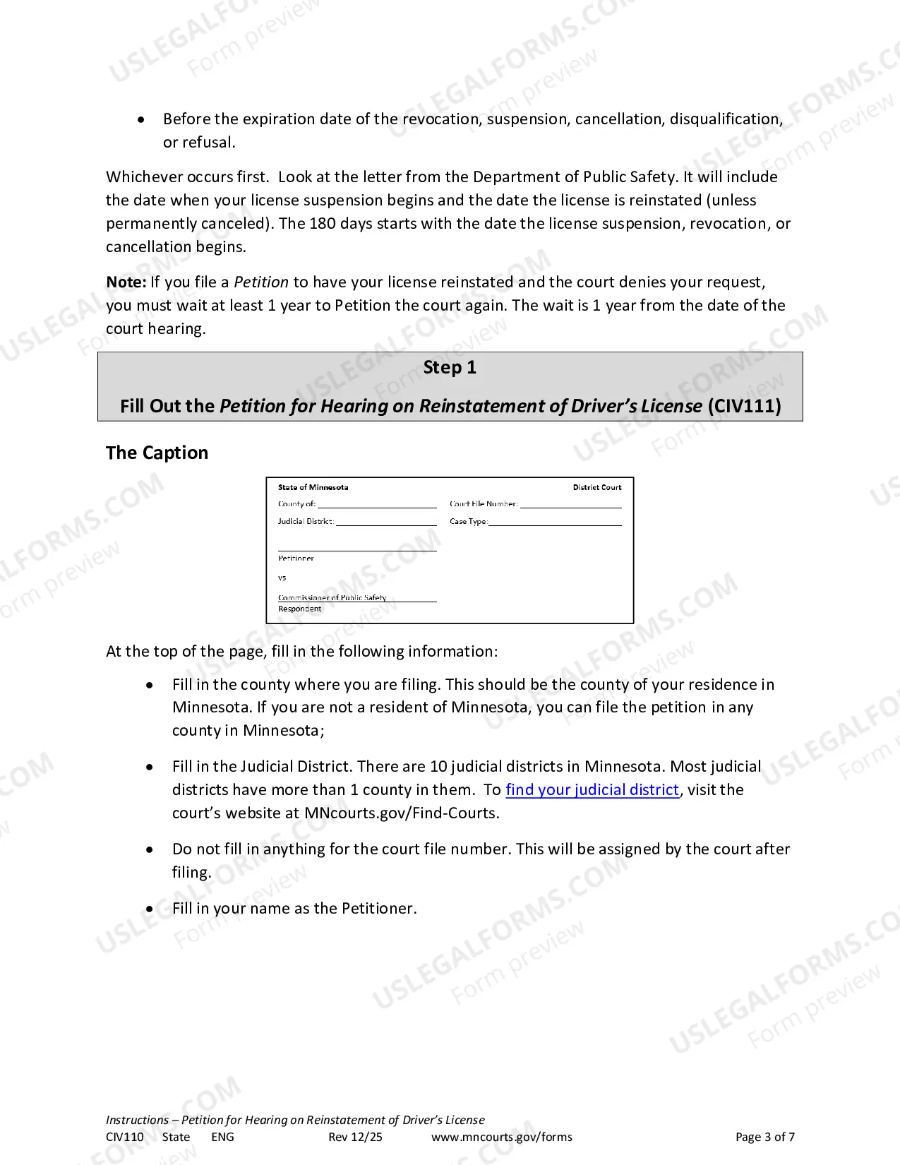Preview Instructions for Petition to Reinstate Driver's License
