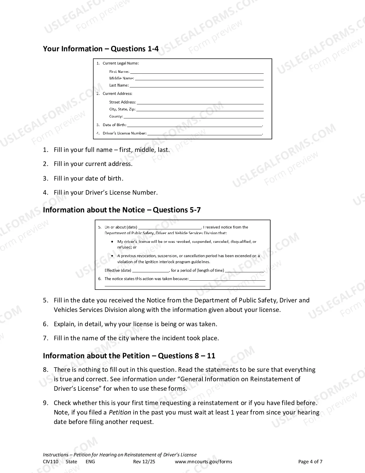 Preview Instructions for Petition to Reinstate Driver's License