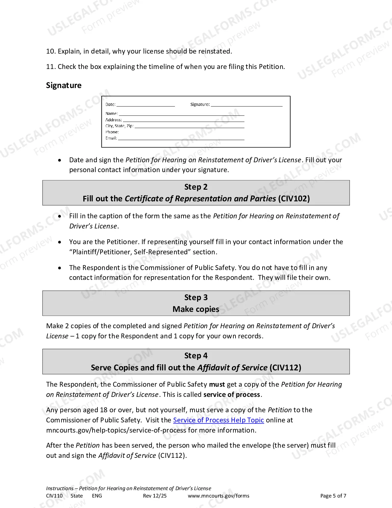 Preview Instructions for Petition to Reinstate Driver's License