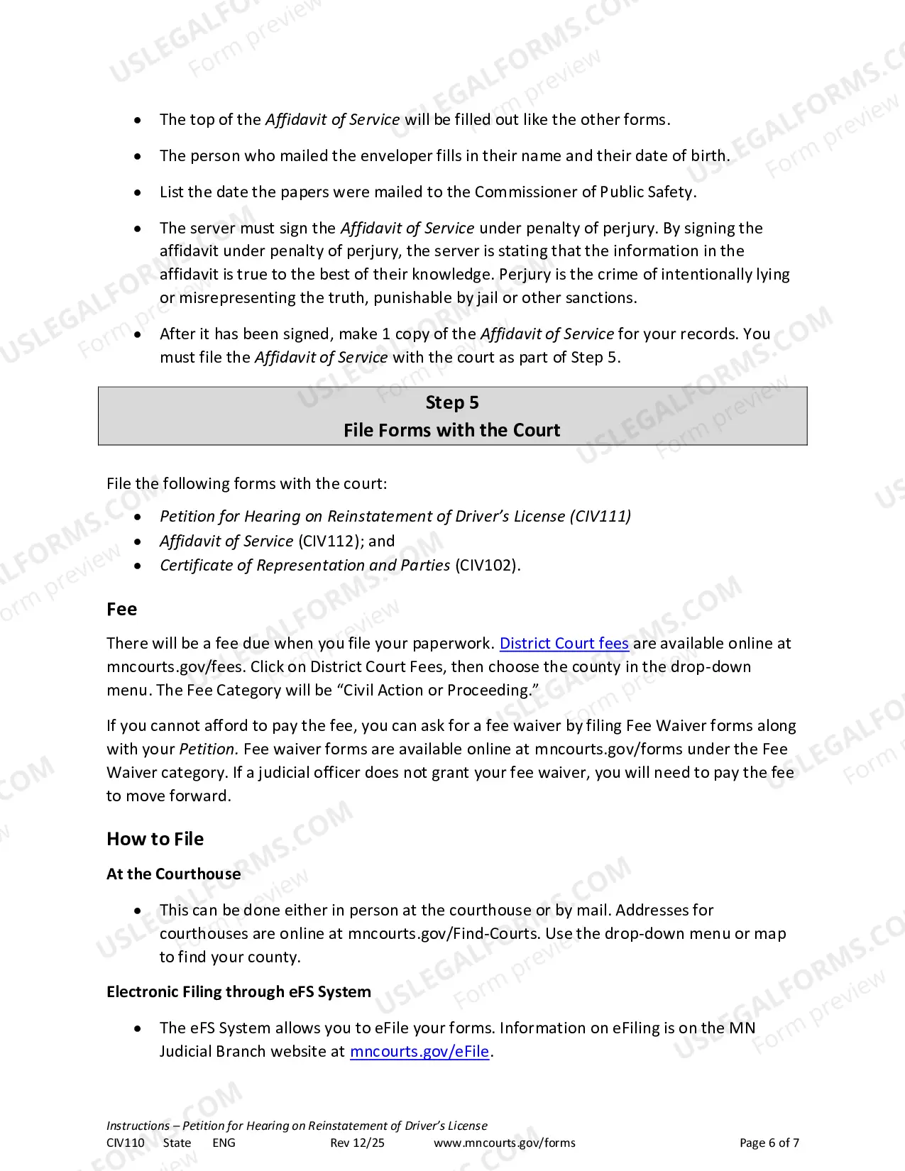 Preview Instructions for Petition to Reinstate Driver's License