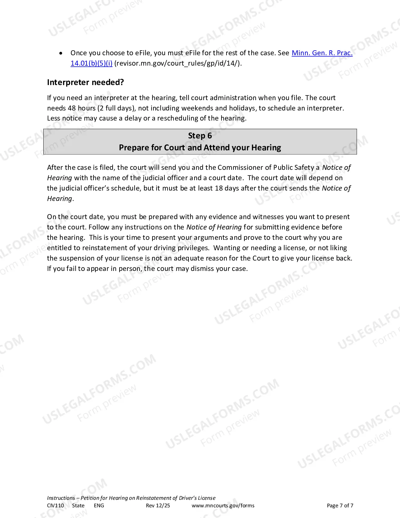 Preview Instructions for Petition to Reinstate Driver's License