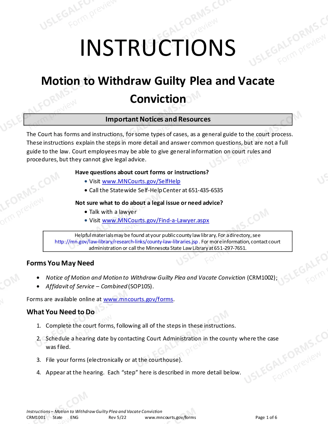 Preview Instructions - Motion to Withdraw Guilty Plea and Vacate Conviction