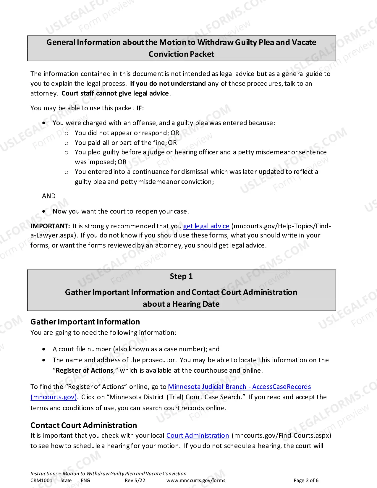 Preview Instructions - Motion to Withdraw Guilty Plea and Vacate Conviction