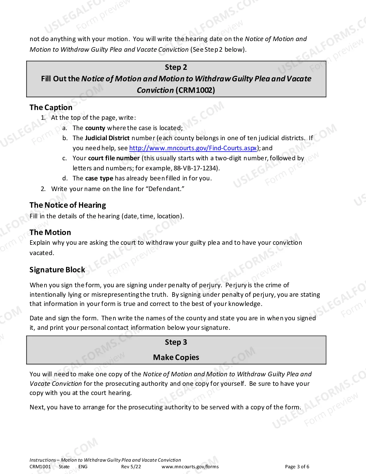 Preview Instructions - Motion to Withdraw Guilty Plea and Vacate Conviction