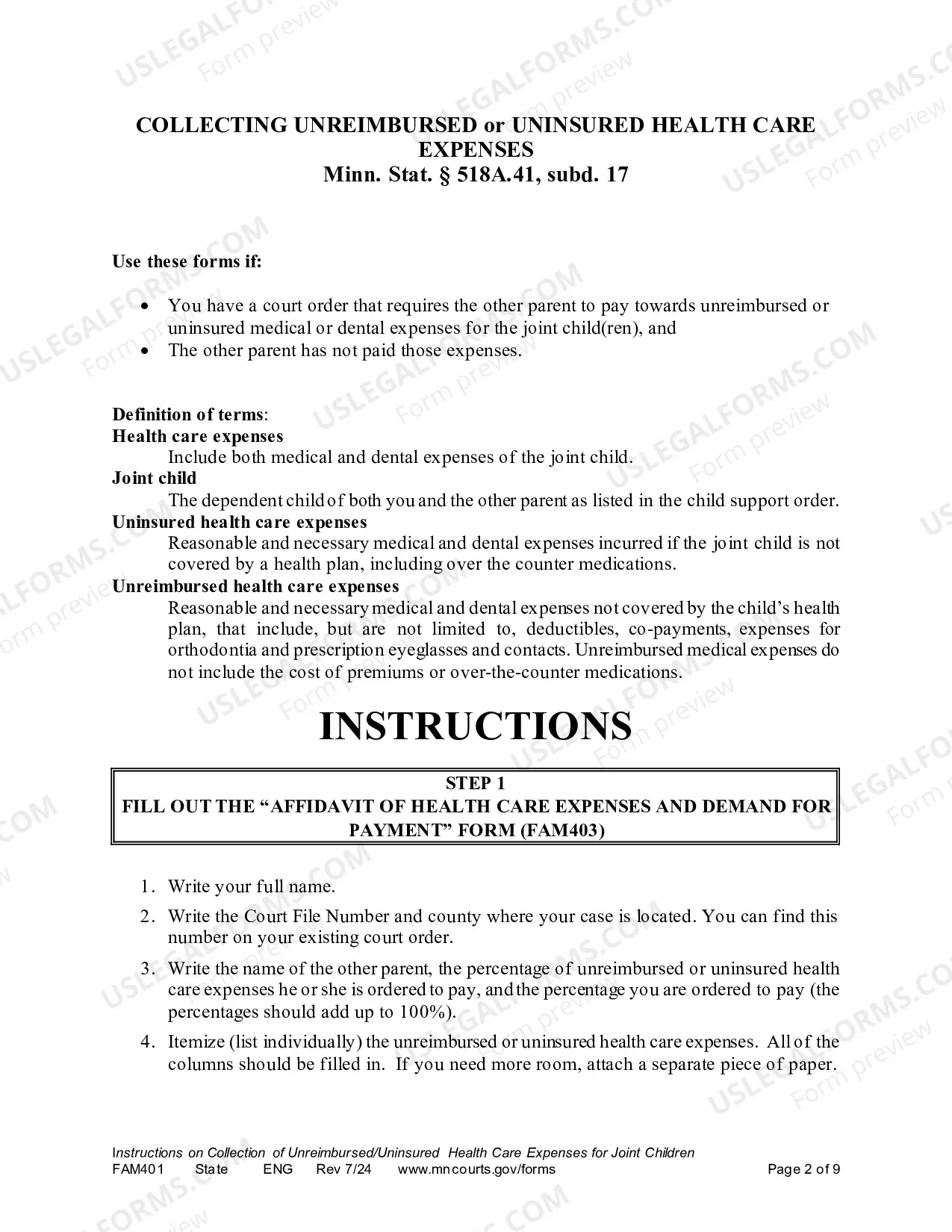 Preview Instructions on Collection Unreimbursed / Uninsured Health Care Expenses for Joint Children