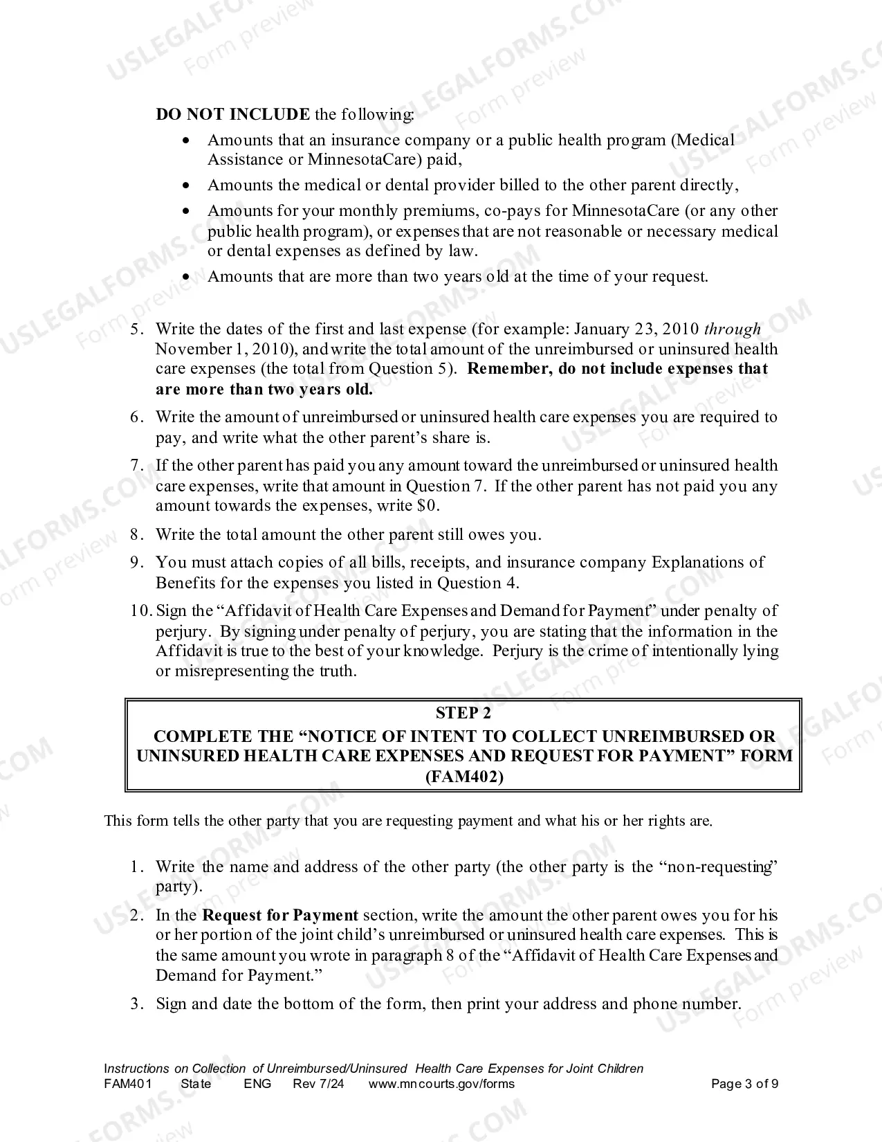 Preview Instructions on Collection Unreimbursed / Uninsured Health Care Expenses for Joint Children