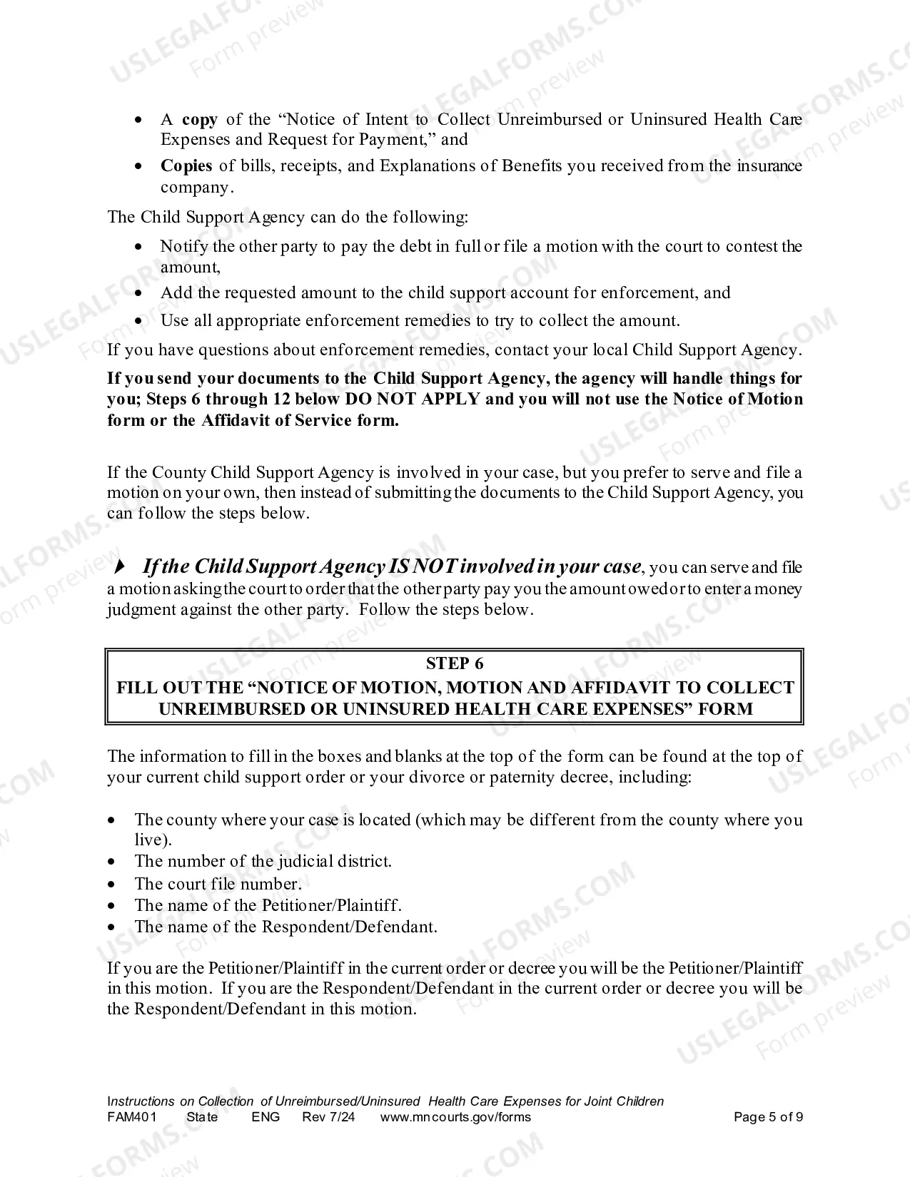Preview Instructions on Collection Unreimbursed / Uninsured Health Care Expenses for Joint Children