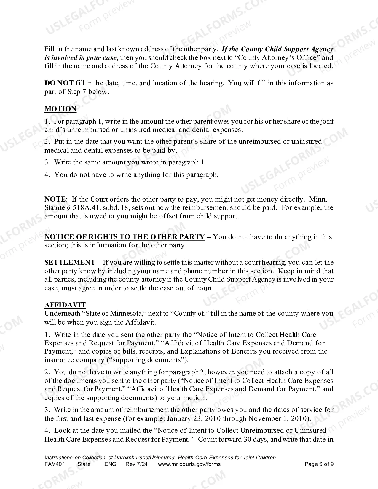 Preview Instructions on Collection Unreimbursed / Uninsured Health Care Expenses for Joint Children