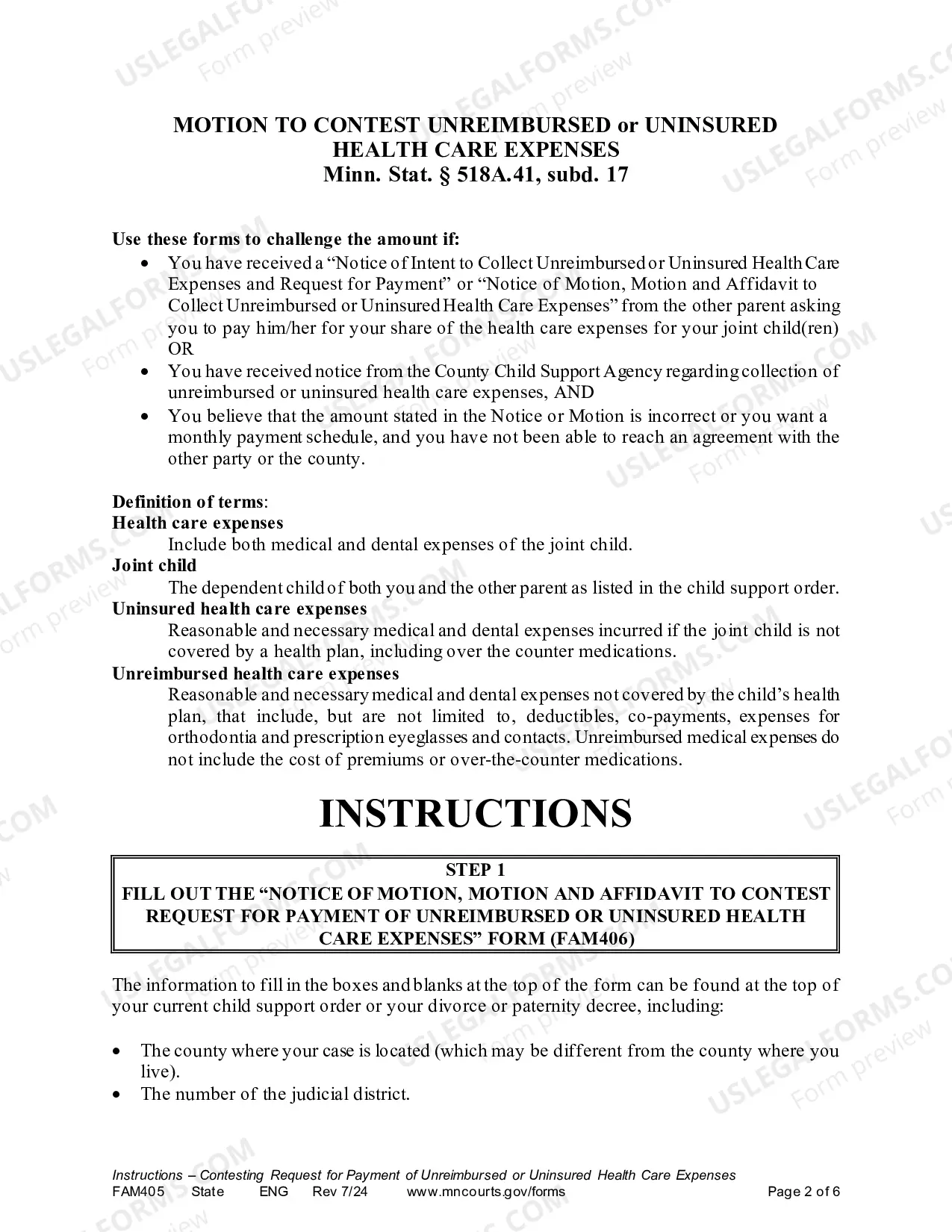 Preview Instructions for Contesting a Request for Unreimbursed / Uninsured Health Care Expenses for Joint Children