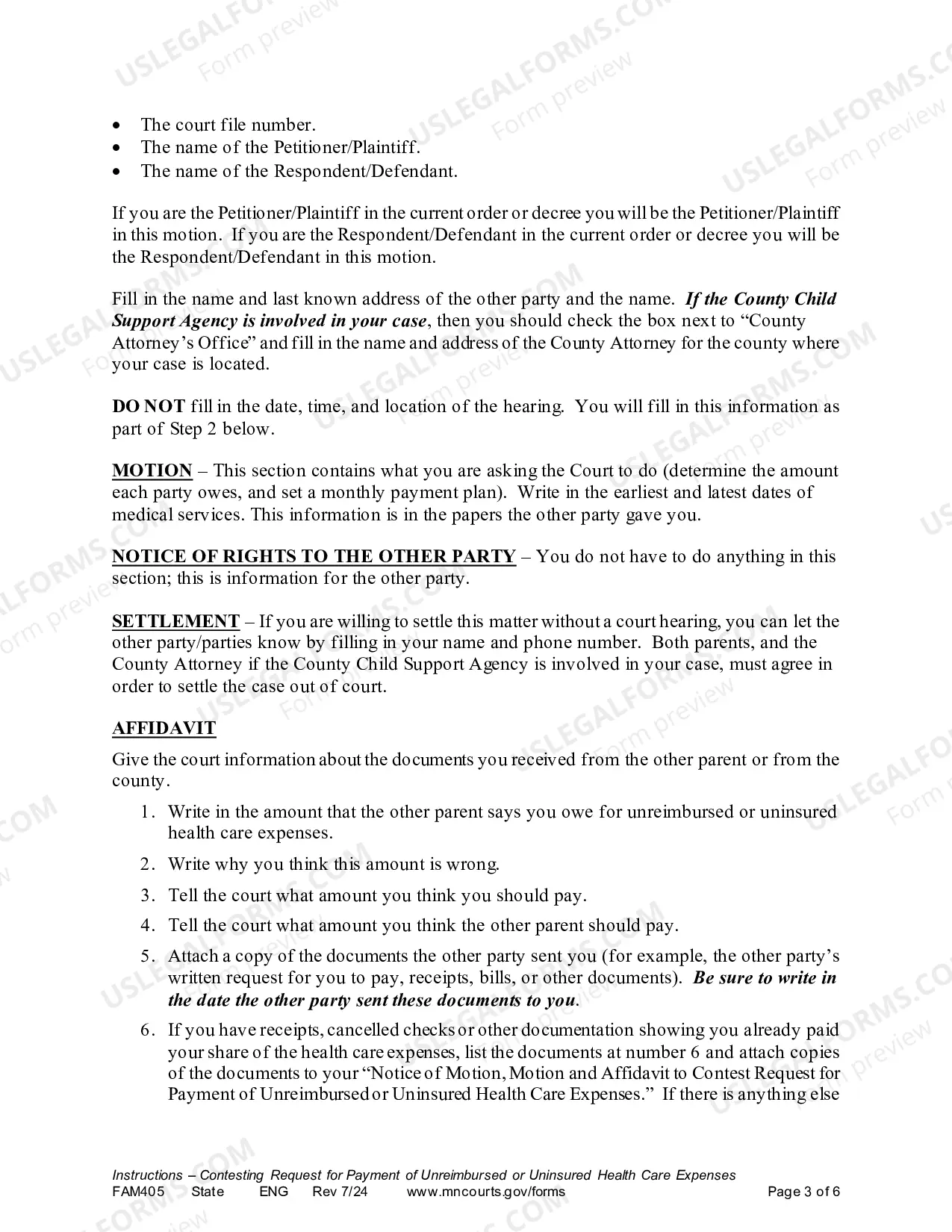 Preview Instructions for Contesting a Request for Unreimbursed / Uninsured Health Care Expenses for Joint Children