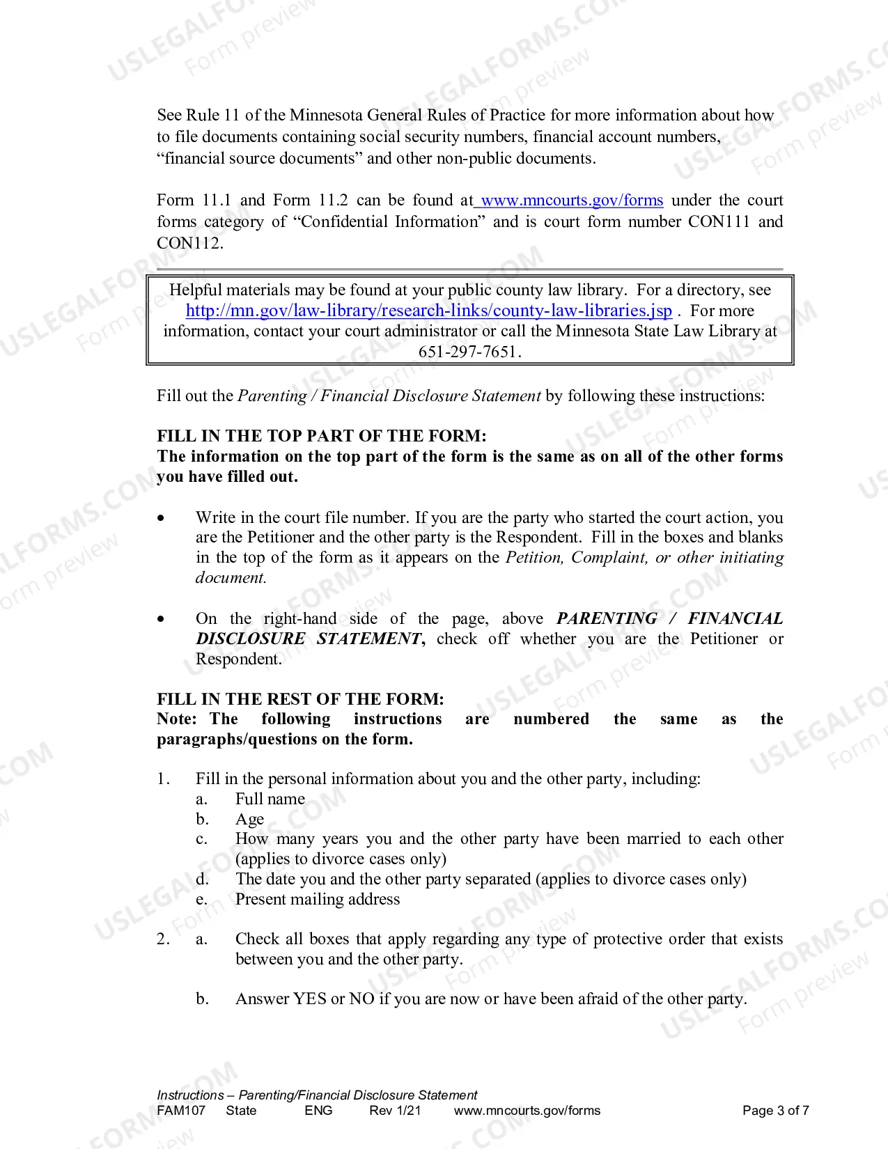 Preview Instructions - Parenting / Financial Disclosure Statement