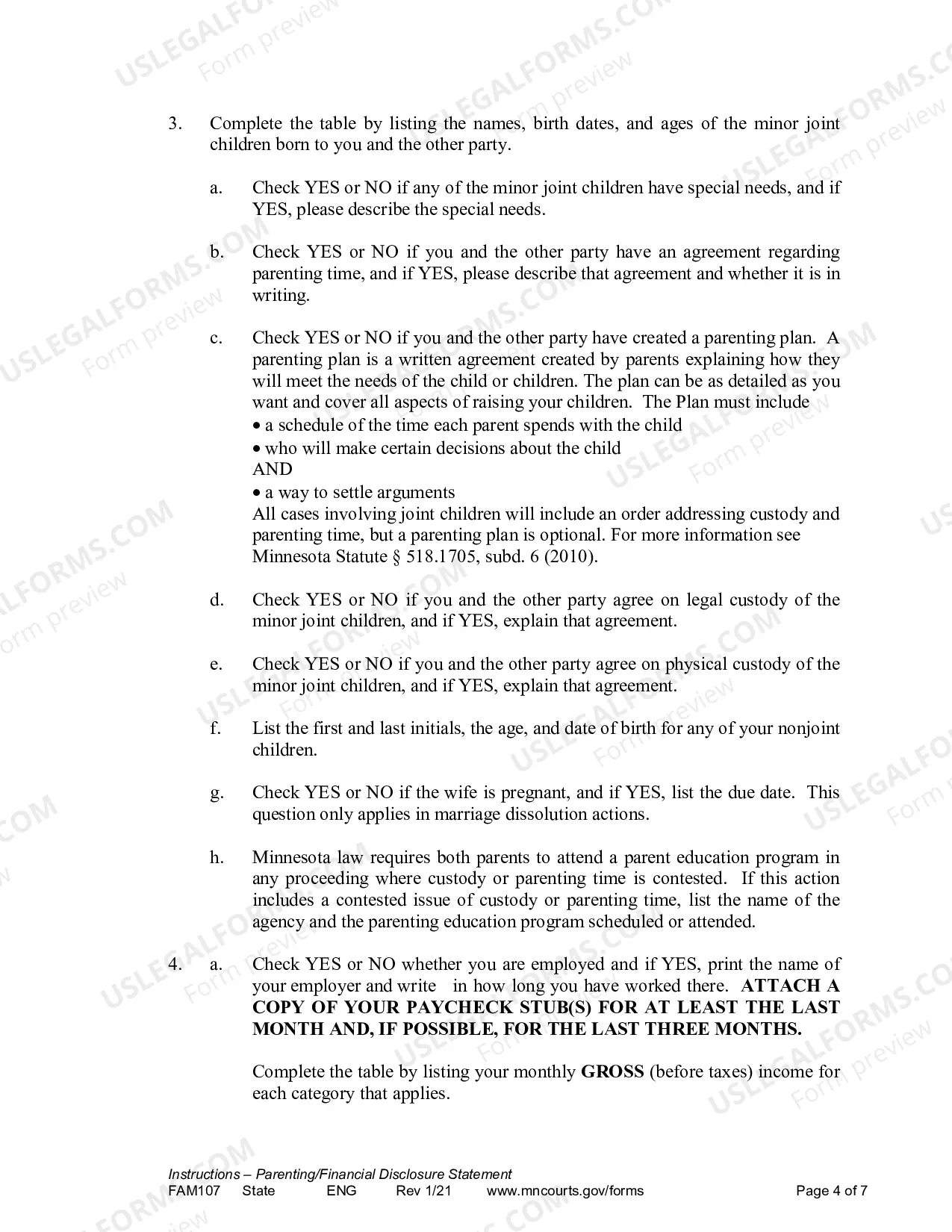 Preview Instructions - Parenting / Financial Disclosure Statement