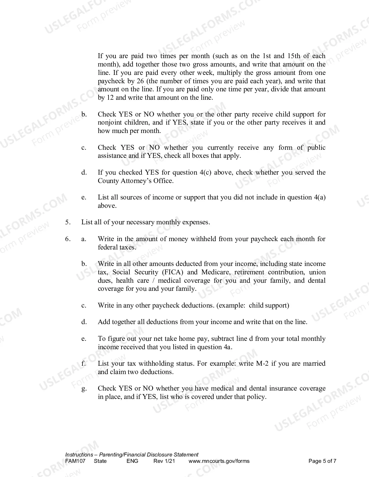 Preview Instructions - Parenting / Financial Disclosure Statement