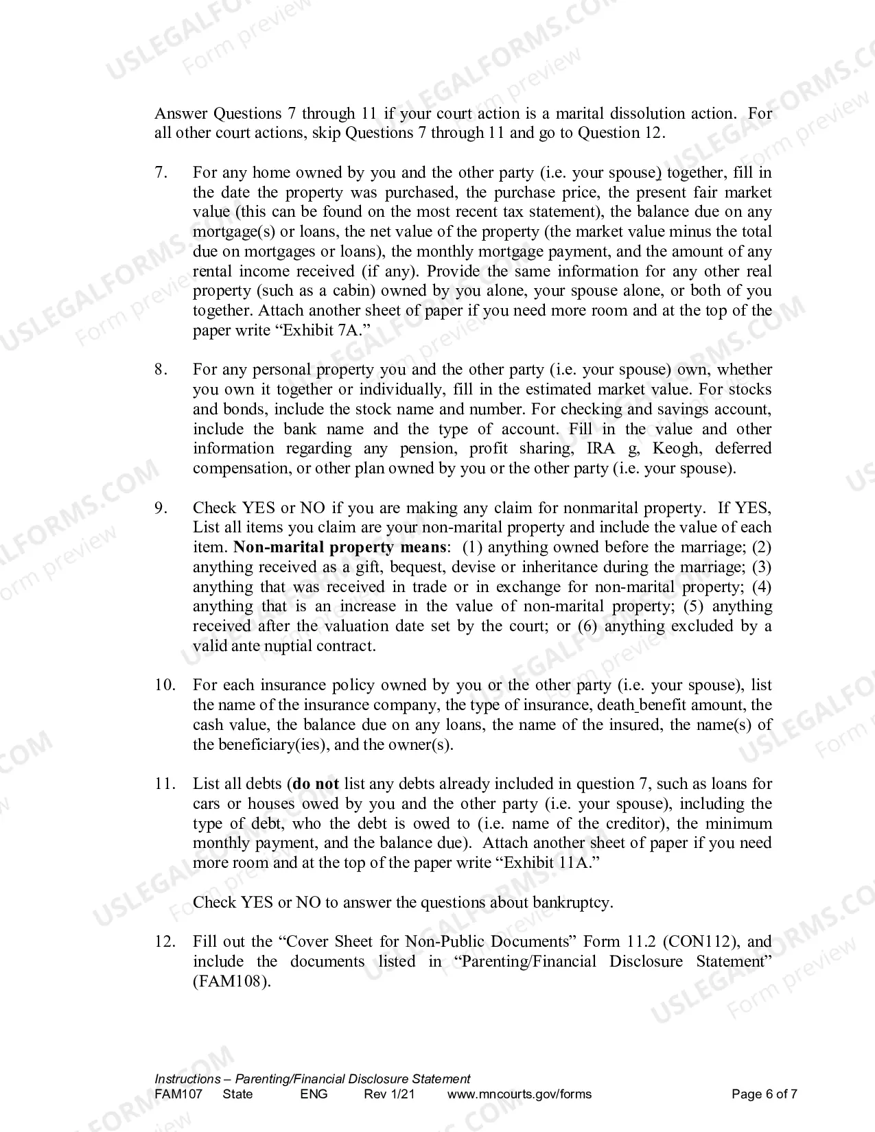 Preview Instructions - Parenting / Financial Disclosure Statement