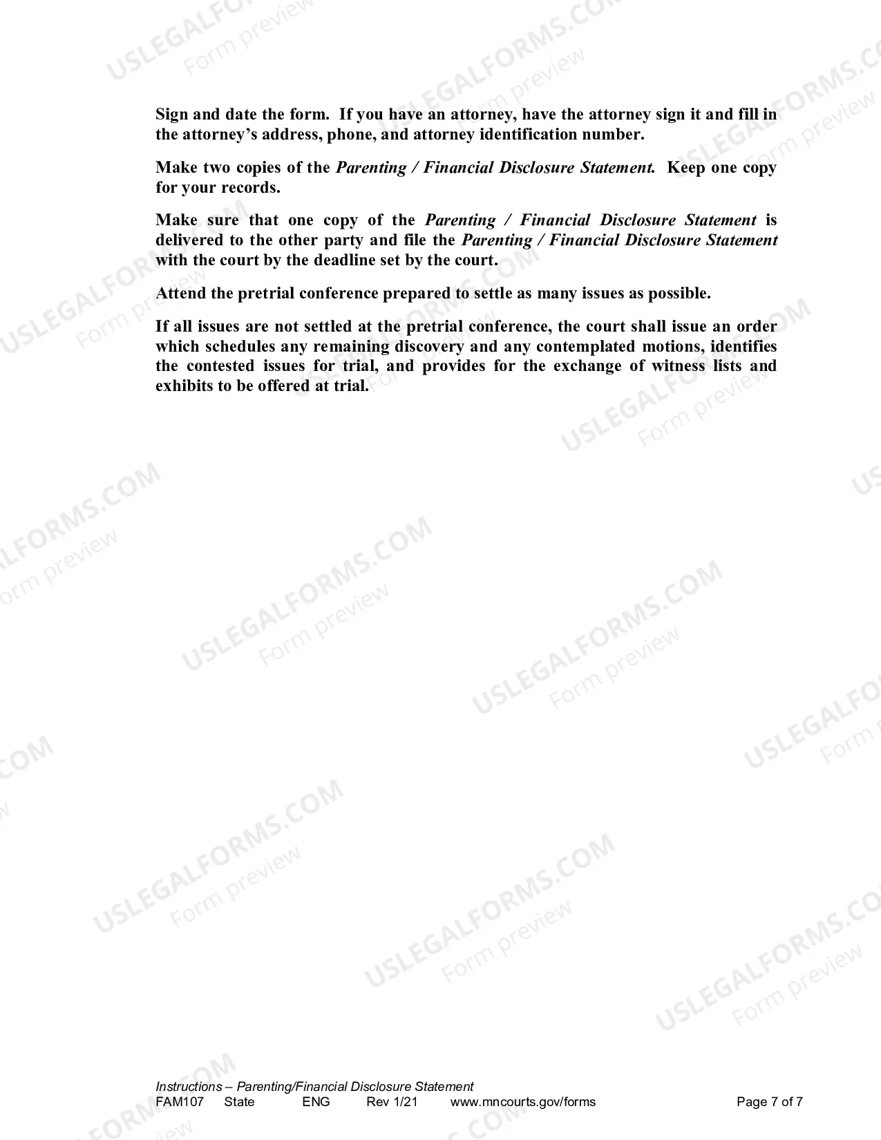 Preview Instructions - Parenting / Financial Disclosure Statement