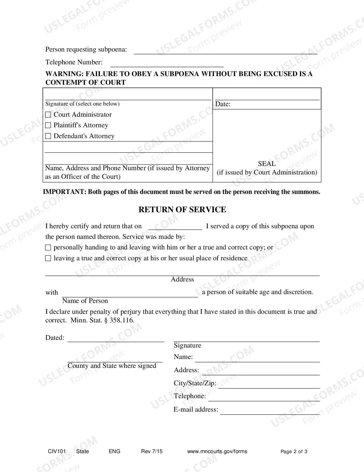 Preview Subpoena - Civil (#CIV101)(statewide form)